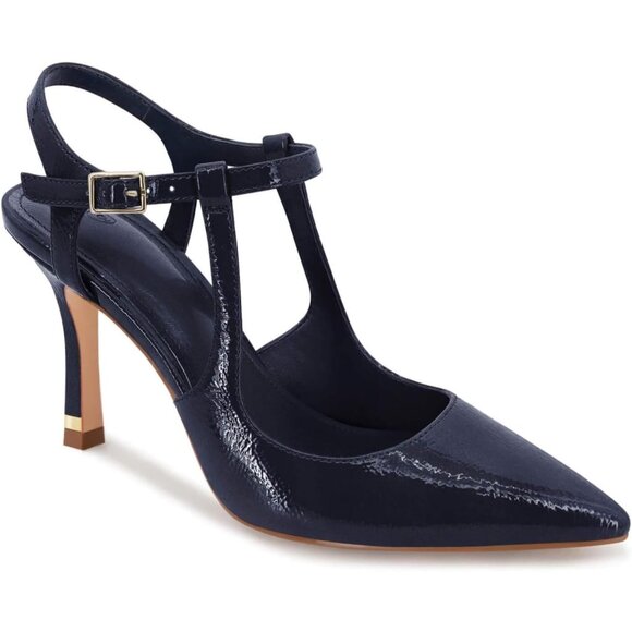 Coutgo Women's Navy Pointed Toe Ankle Strap Patent Leather Stiletto High Heels - Picture 1 of 5